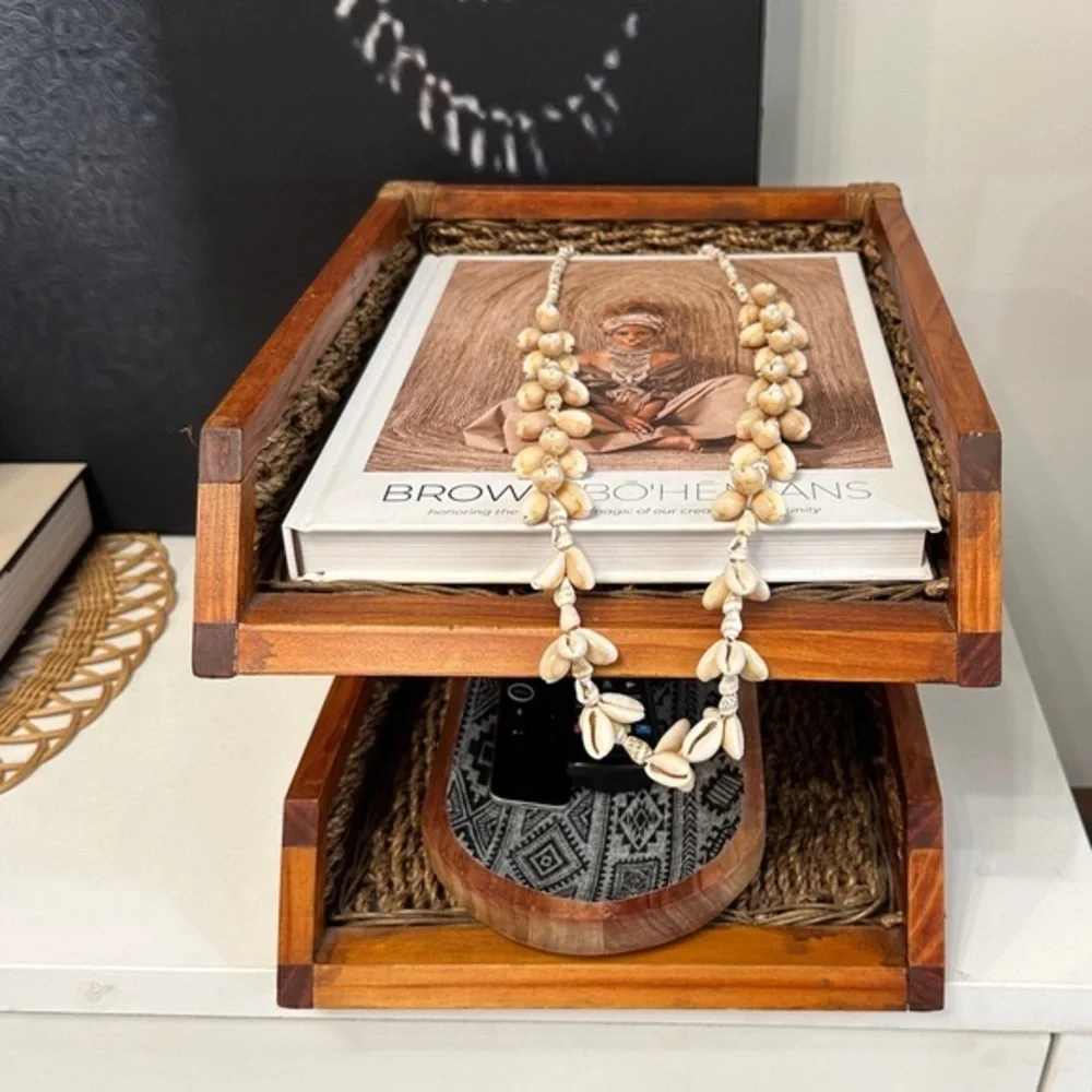 Vintage Tiered Wooden & Rattan Paper Tray or Book Display Holder